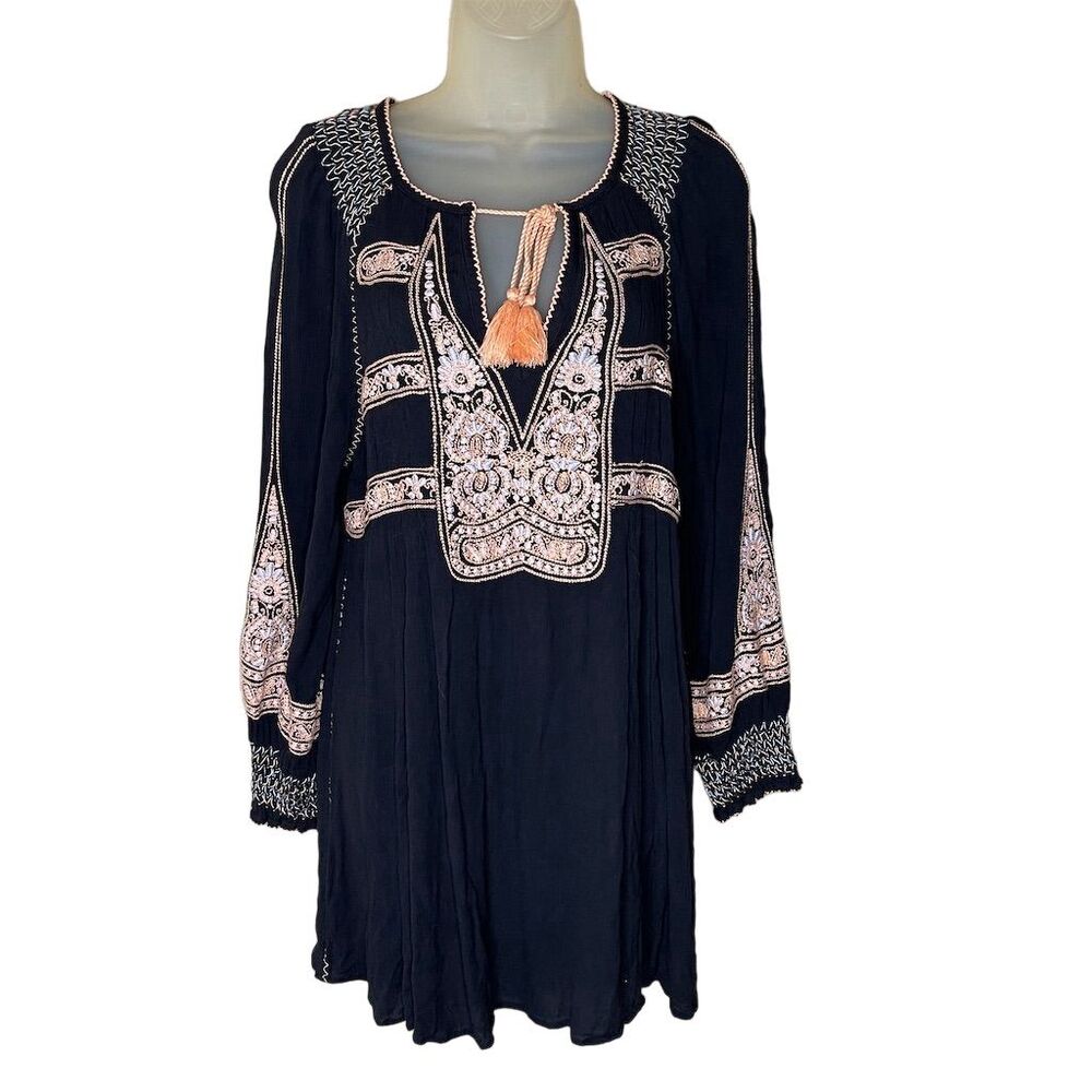Free People Wind Willow Embroidered Boho V-Neck Tassel Mini Dress S Black - Picture 2 of 7